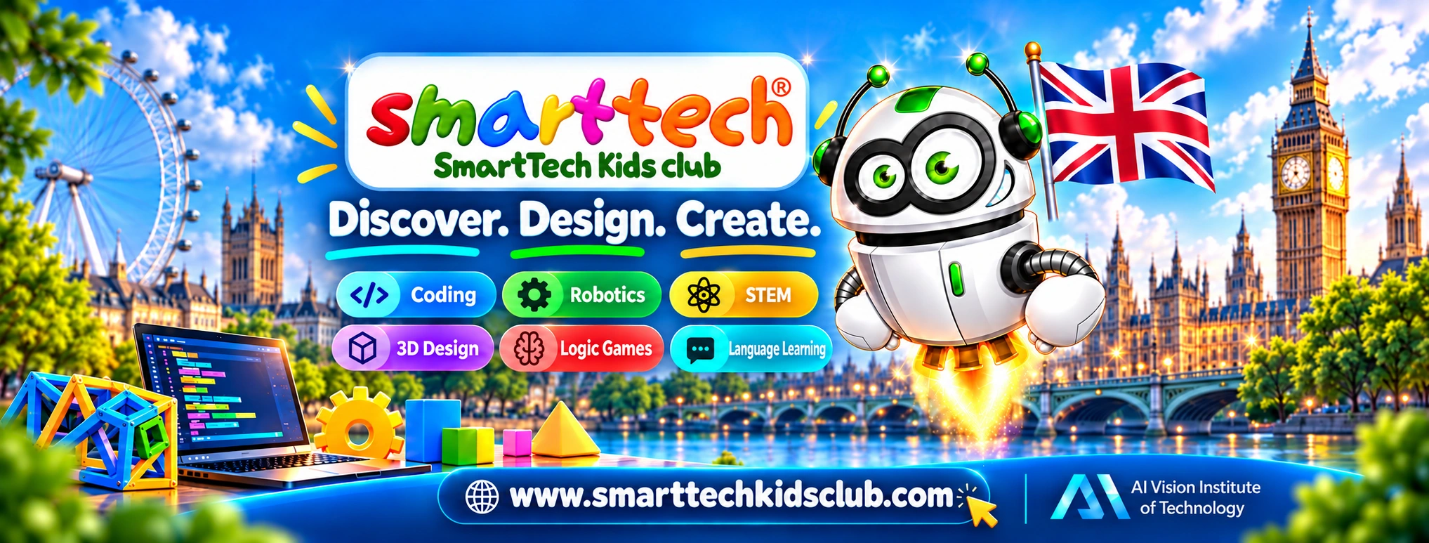 SmartTech Kids Club London banner: coding, robotics, STEM, 3D design, logic games and language learning